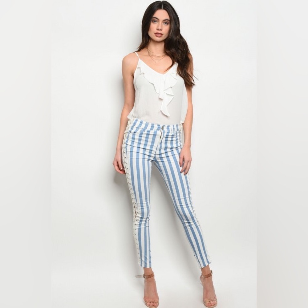 Stripe Blue and White Lace Up / Strap Up Side Jeans